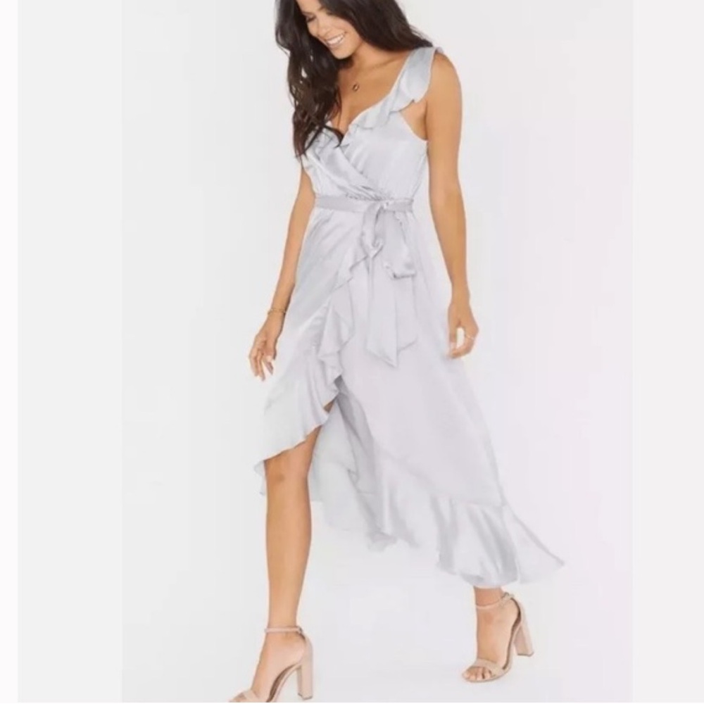 Women’s Show Me Your MuMu Samantha Ruffle Wrap Dress - Silver Luxe Satin NWT XXS